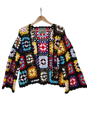 Anthropologie Black Multicolor Crochet Granny-Square Open front Cardigan